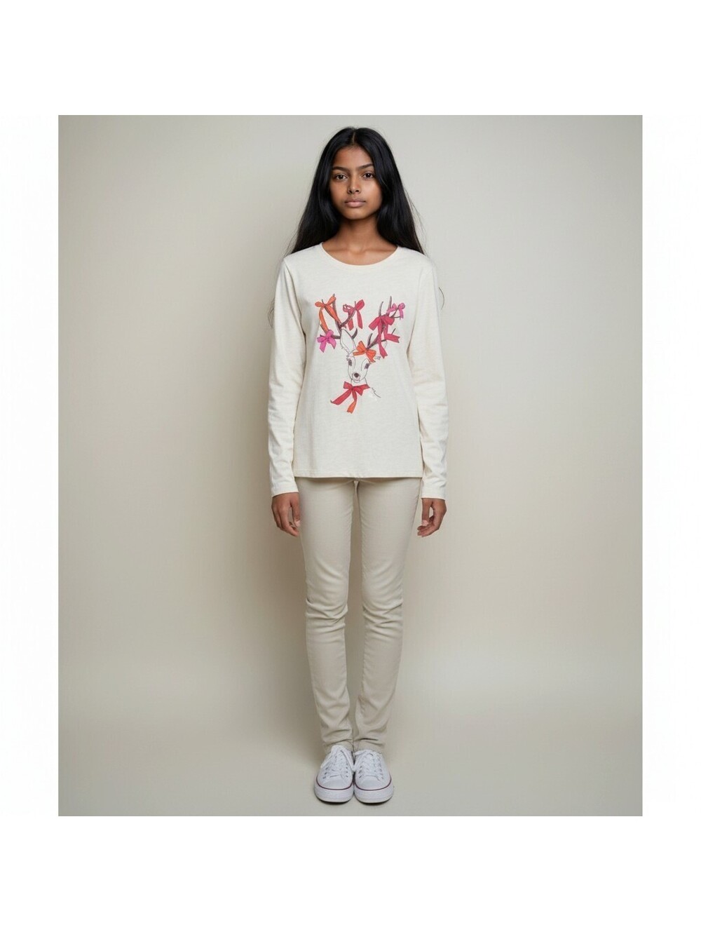 New Cat & Jack Top Girls M Medium Beige Graphic Print Long Sleeve Cotton Casual